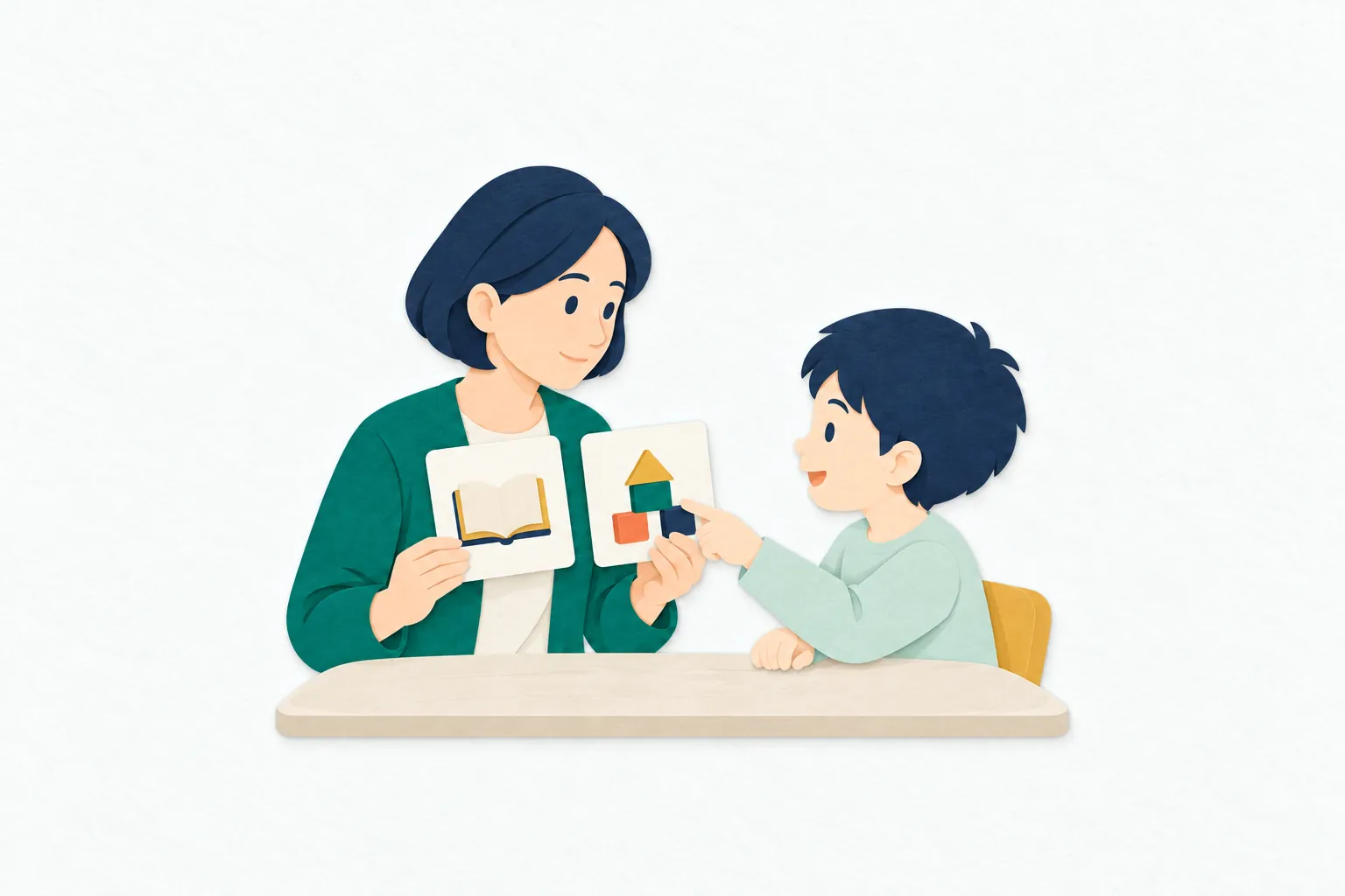 特別支援学校の教室で、女性の教員が絵カードを示し、子どもが次の活動を選ぶのを待っている。