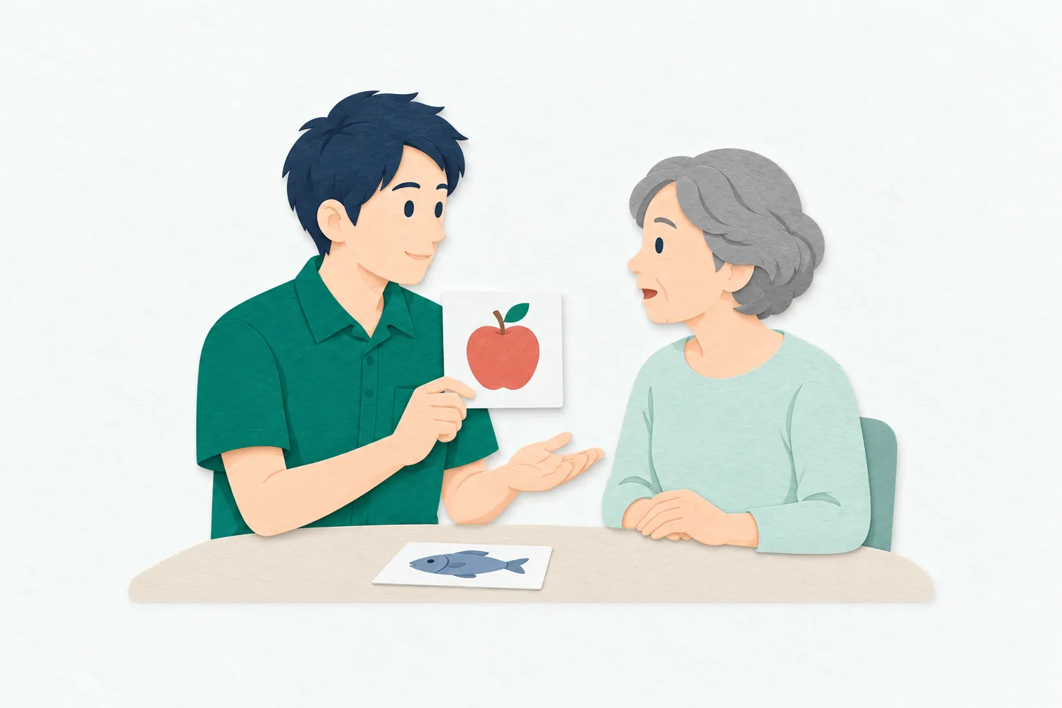 訓練室で、男性の言語聴覚士が物の絵を描いたカードを示し、女性の利用者とことばの練習をしている。