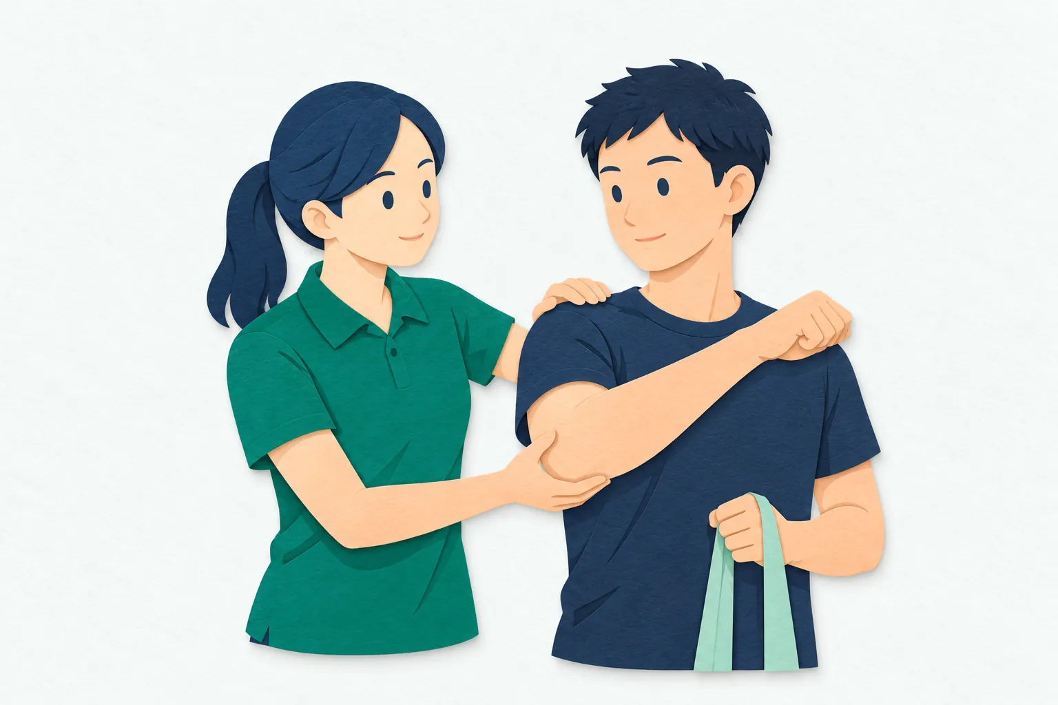 明るいトレーニング室で、女性のスポーツトレーナーが、男性選手の肩と腕の位置を確かめながら運動を指導している。二人は動きをゆっくり確認している。