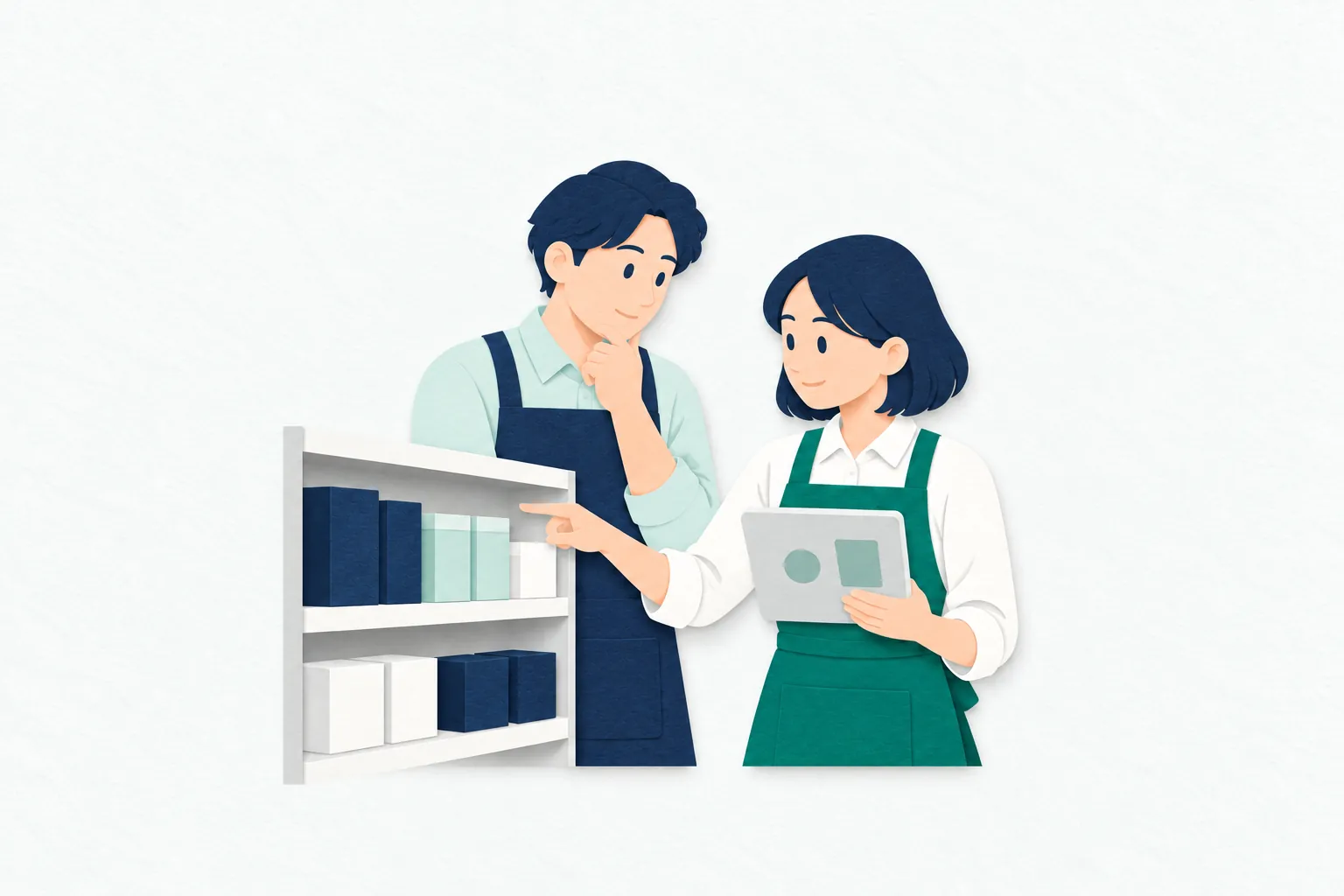 女性の店長が、商品の並ぶ棚の前でタブレットを確認し、スタッフと売場の在庫や陳列について打ち合わせている。