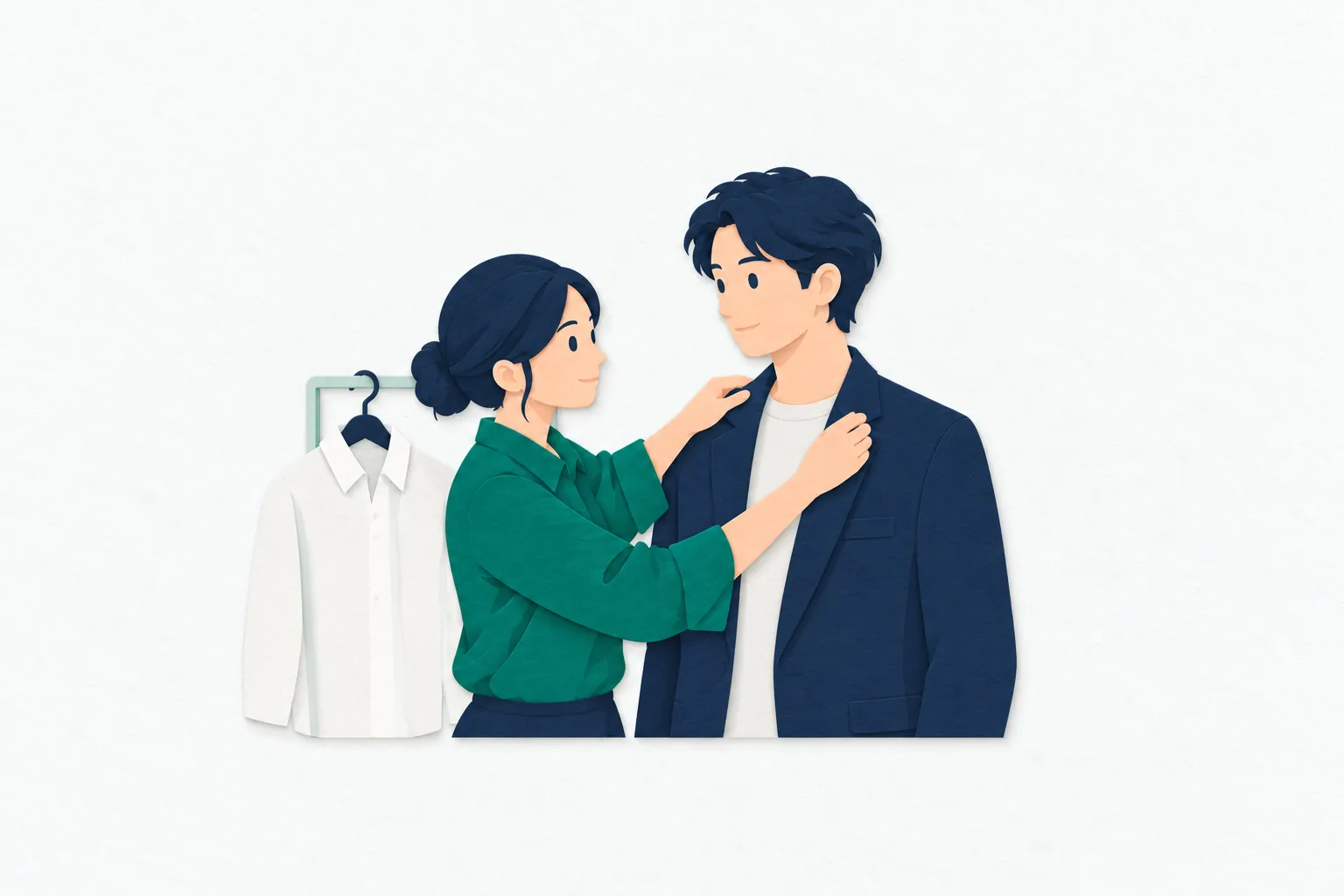 撮影の準備室で、女性のスタイリストがモデルのジャケットの襟を整え、選んだ衣服の組み合わせを確かめている。