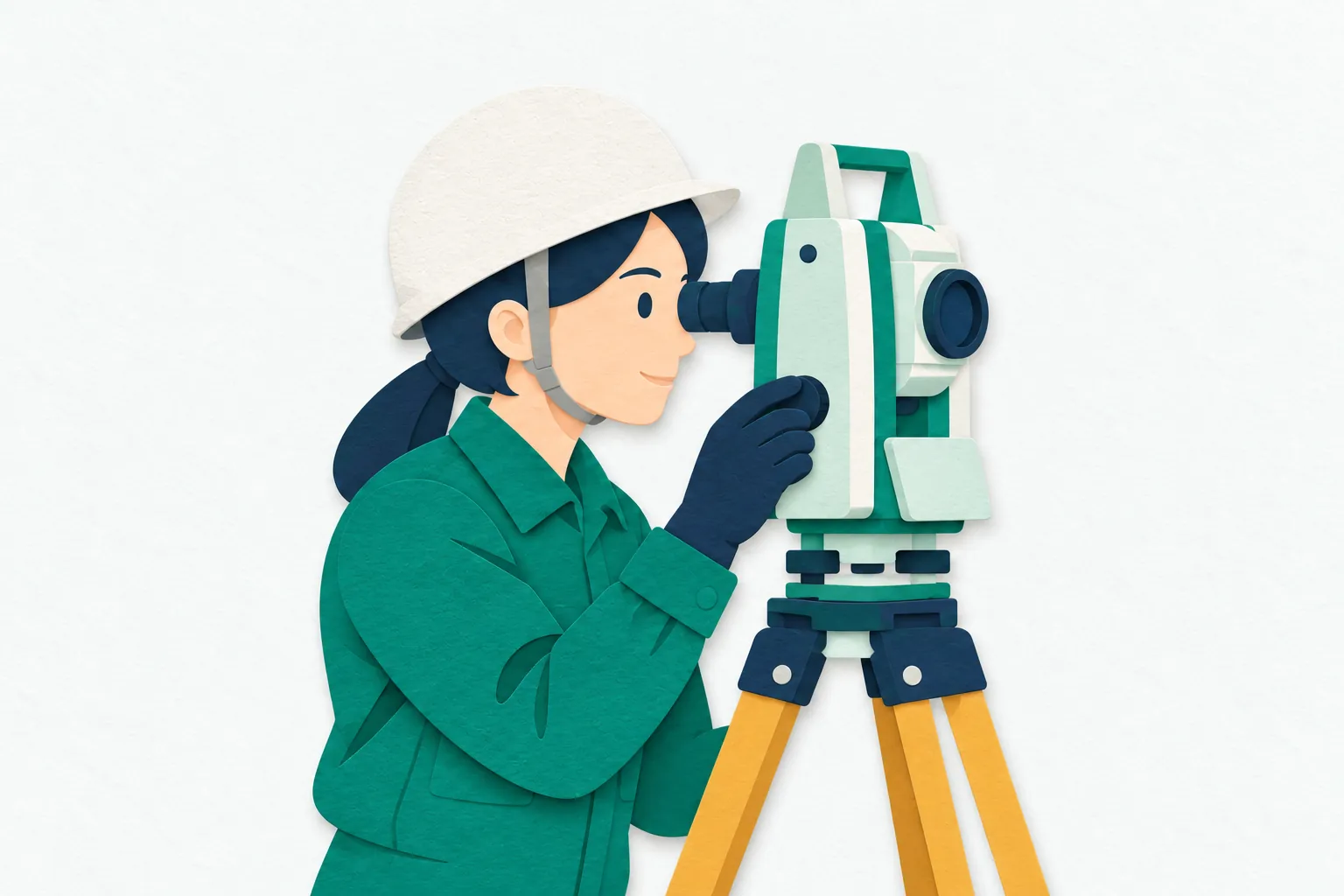 建設予定地で、女性の測量士が三脚に据えた測量機器をのぞき、つまみを調整して位置を測っている。