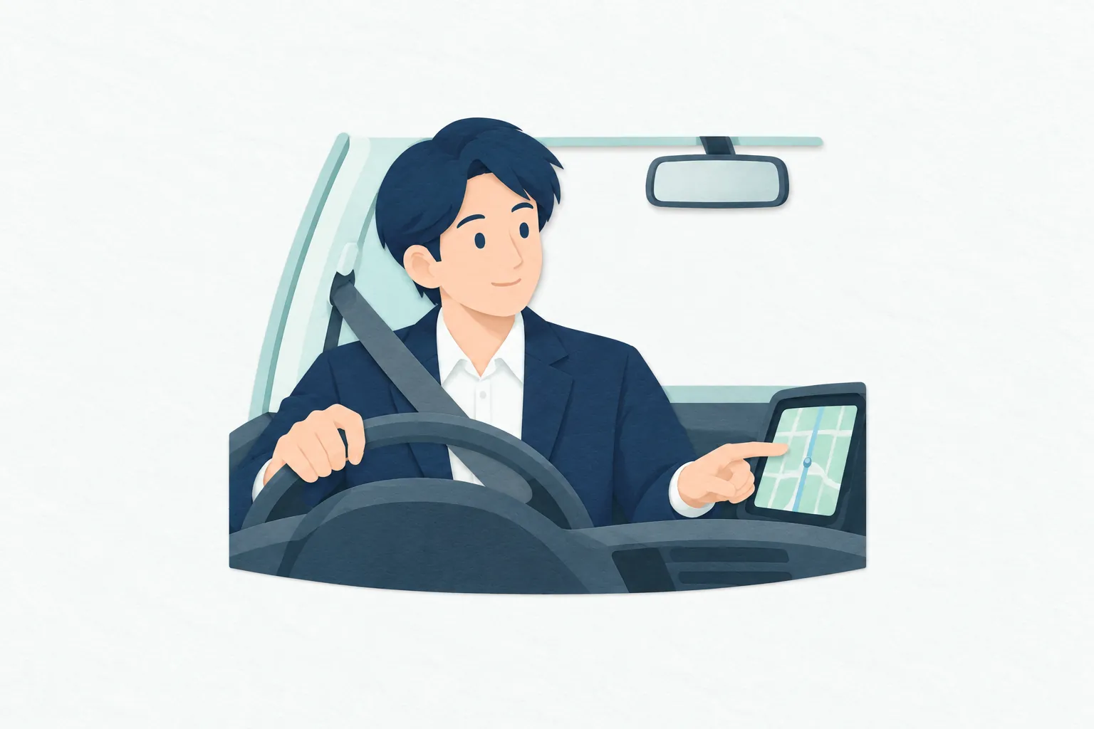 停車中の車内で、男性のタクシー運転手が行き先の地図を確認し、乗客に目的地までの道順を案内している。
