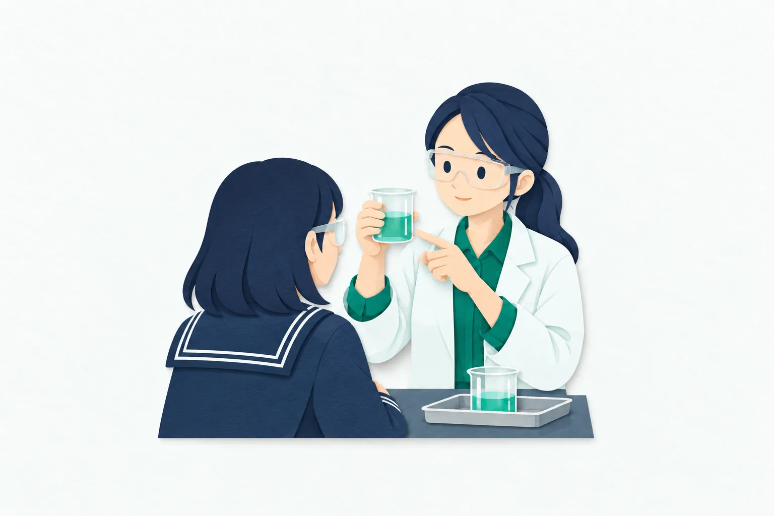 中学校の理科室で、20代の女性教師が、ビーカーを使う実験の様子を生徒に見せながら説明している。生徒は机越しに手元を見守っている。