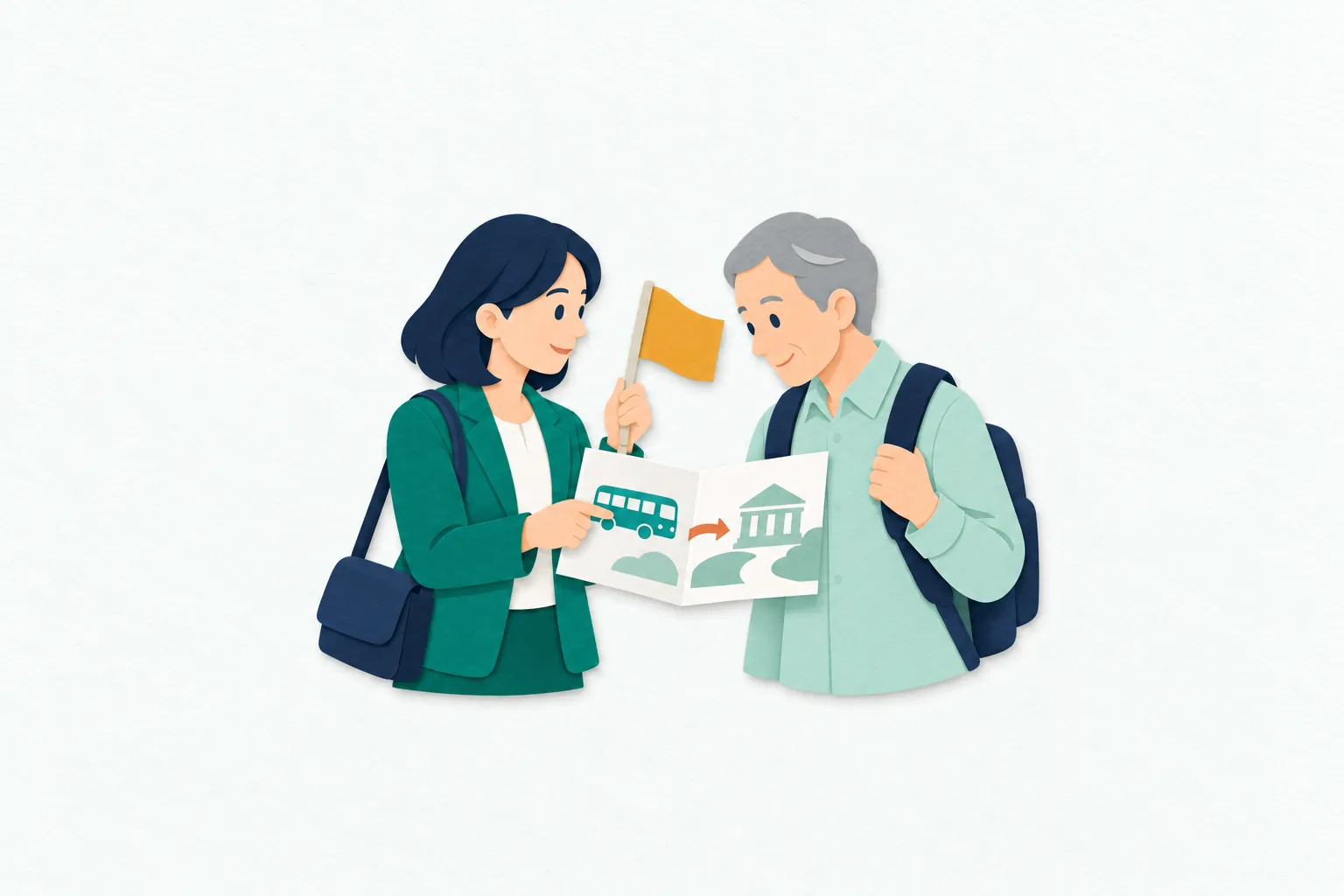 女性のツアーコンダクターが、集合場所で無地の目印旗を持ち、旅程の資料を示しながら参加者に次の行程を案内している。