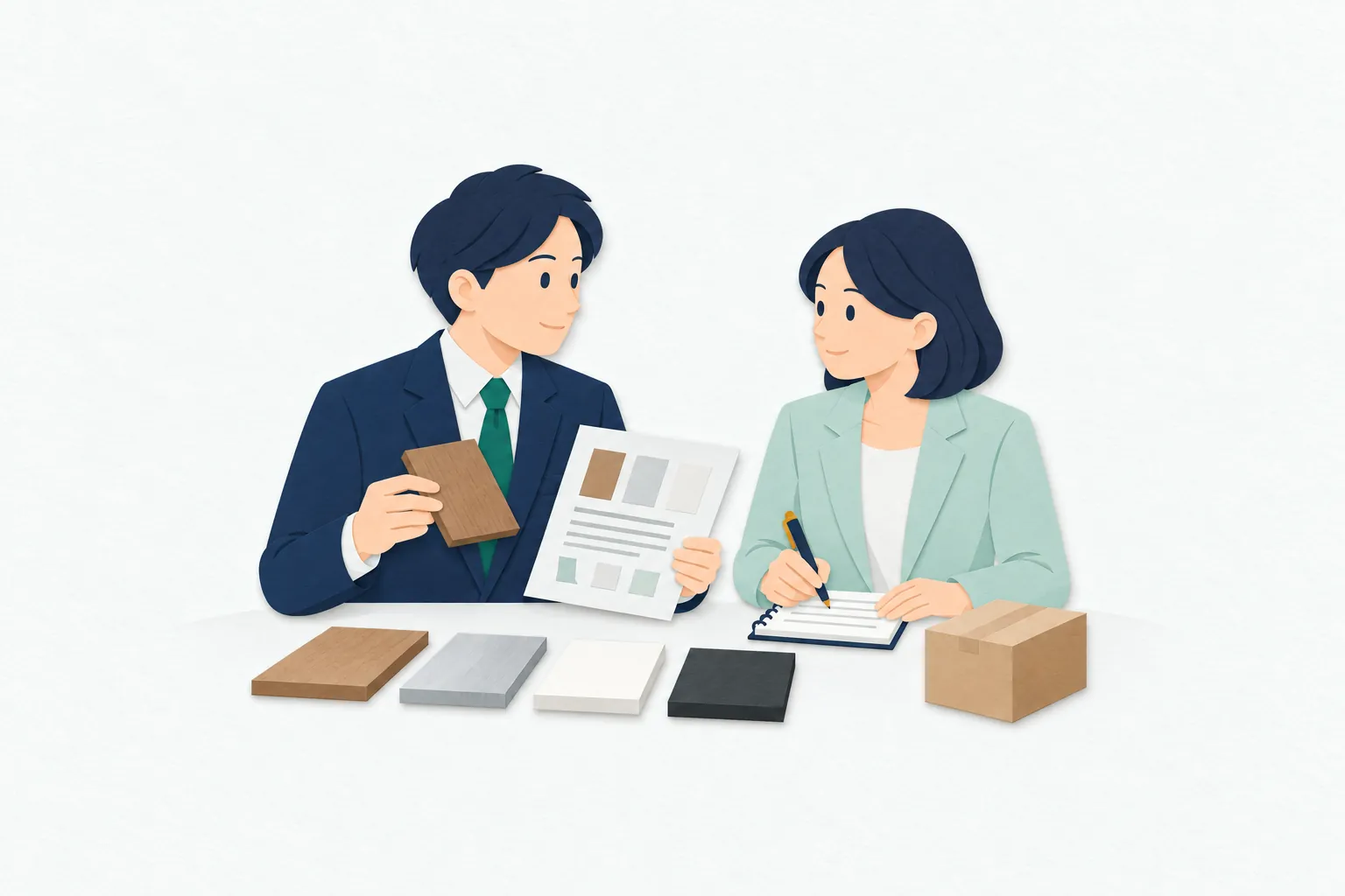 商談の席で、男性の商社員が素材の見本と取引資料を示し、女性の取引先担当者と調達条件を確認している。