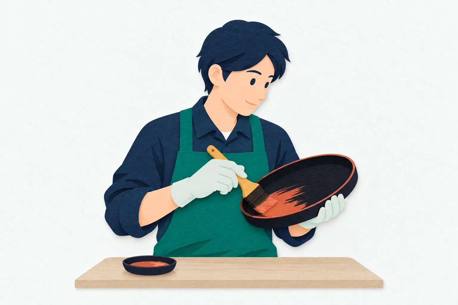 工房で、男性の伝統工芸職人が木の器を支え、幅の広い刷毛で漆を薄く塗り重ねて表面を整えている。
