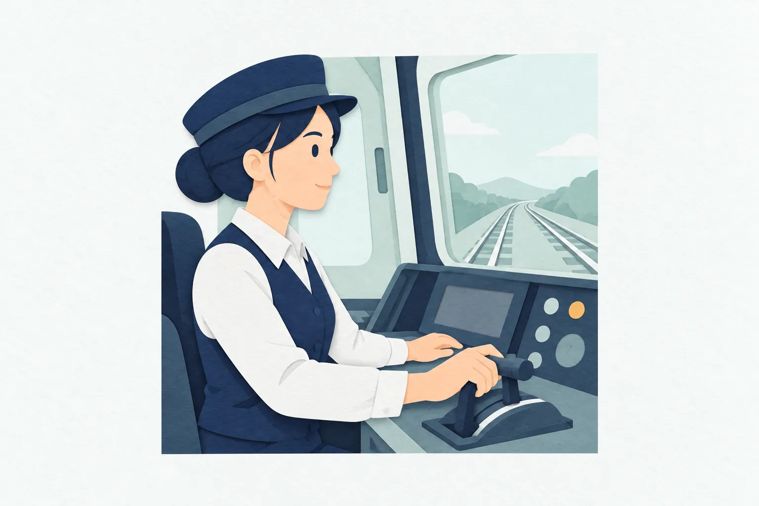 電車の運転台で、女性の運転士が、前方を見ながらマスターコントローラーを操作している。落ち着いた表情で、窓の外と運転台の状態を確かめている。