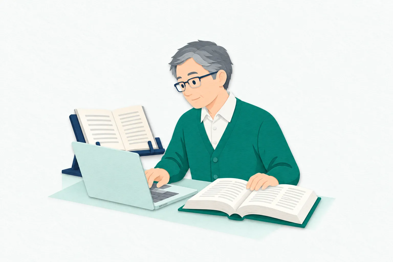 作業机で、男性の翻訳家が原文の資料と辞書を参照し、表現を確かめながらパソコンで訳文を整えている。