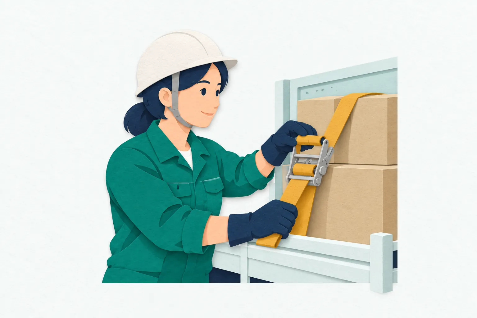 トラックの横で、ヘルメットと手袋をつけた40代の女性運転手が、荷台の荷物を固定するベルトを手で確かめ、緩みがないか点検している。