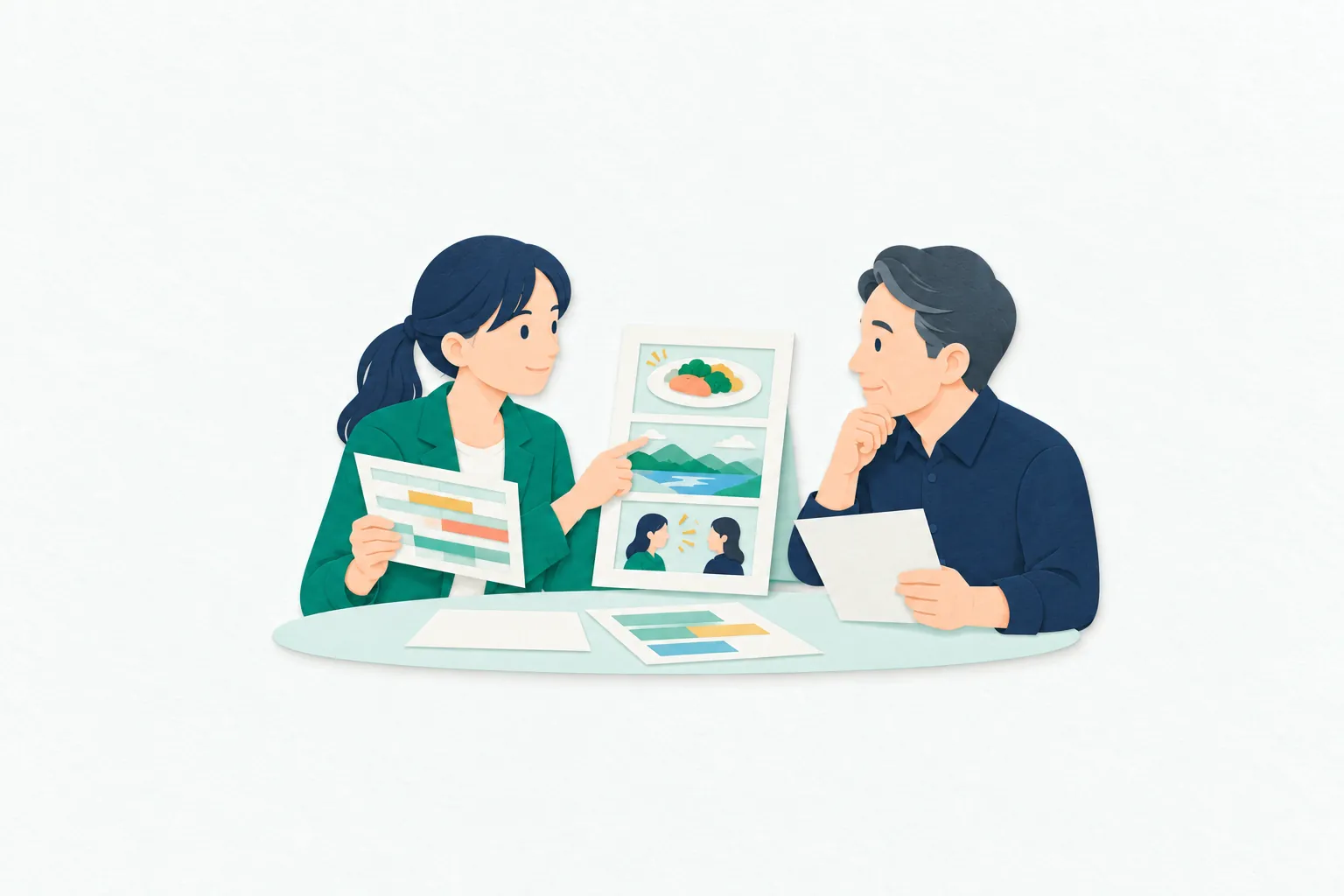 打ち合わせ室で、女性のテレビ番組プロデューサーが企画ボードと進行表を示し、スタッフと番組の構成や準備を確認している。