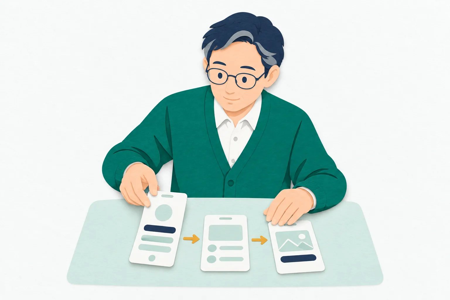 男性のUI・UXデザイナーが、スマートフォン画面を模した紙のカードを並べ替え、利用者の操作の流れを検討している。