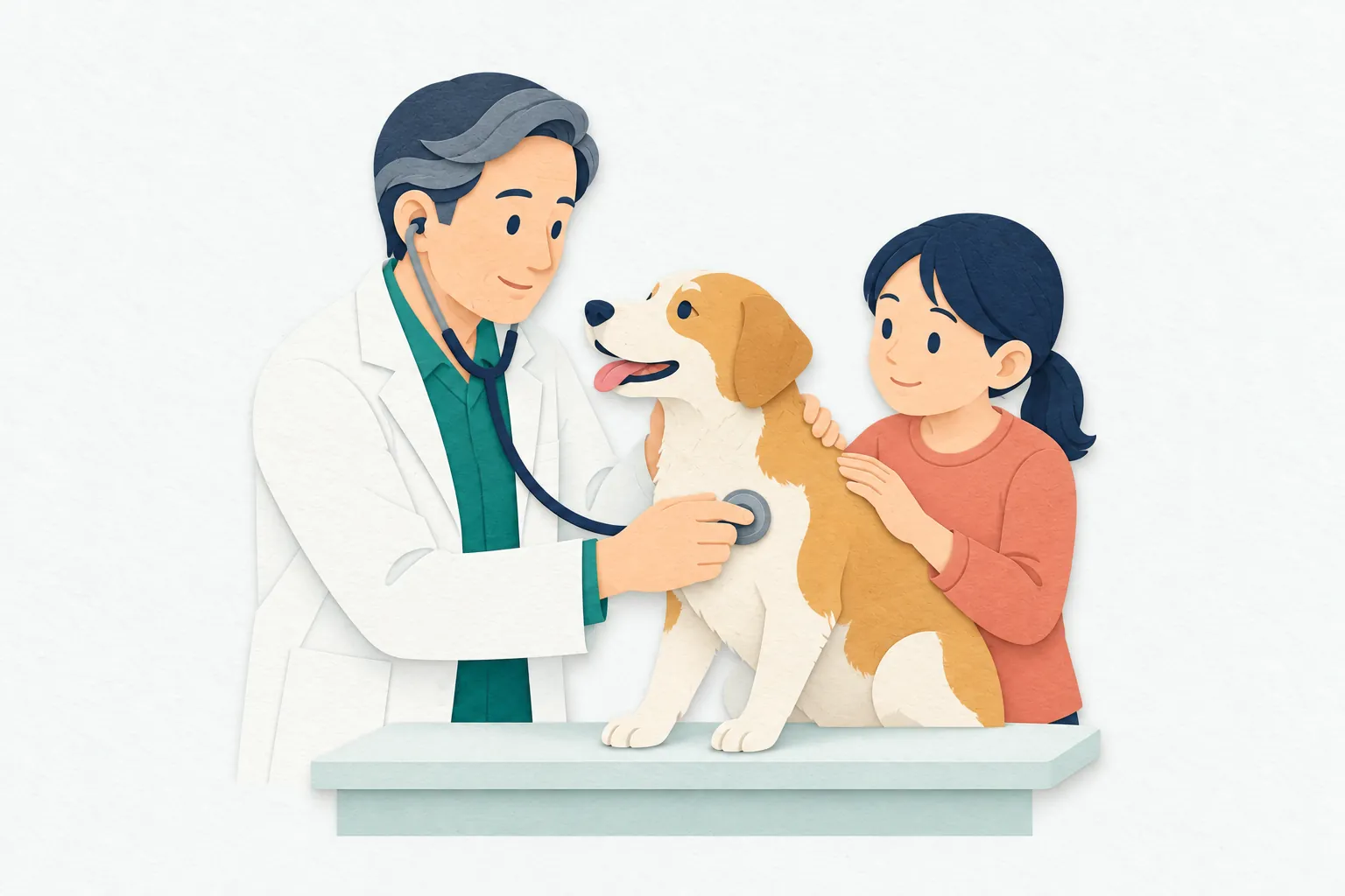 動物病院の診察室で、50代の男性獣医師が、診察台の犬に聴診器を当てている。横では飼い主の子どもが、犬に寄り添って診察を見守っている。
