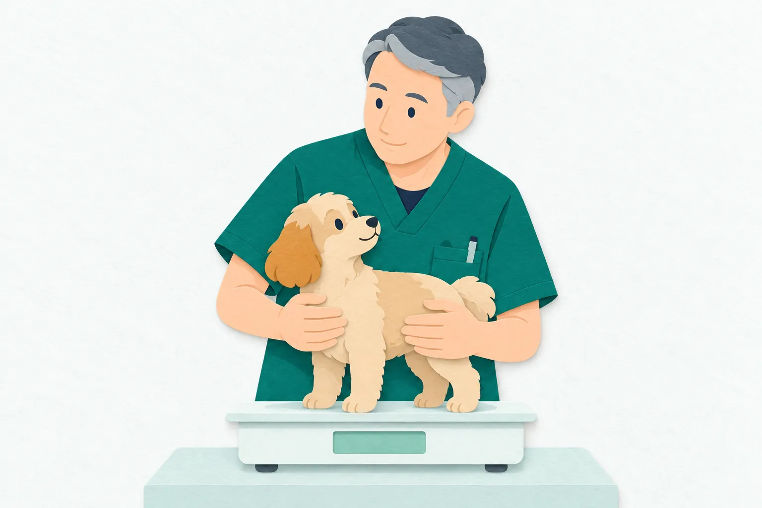 動物病院で、男性の動物看護師が診察台の犬に穏やかに声をかけ、体を支えながら体重測定を手伝っている。