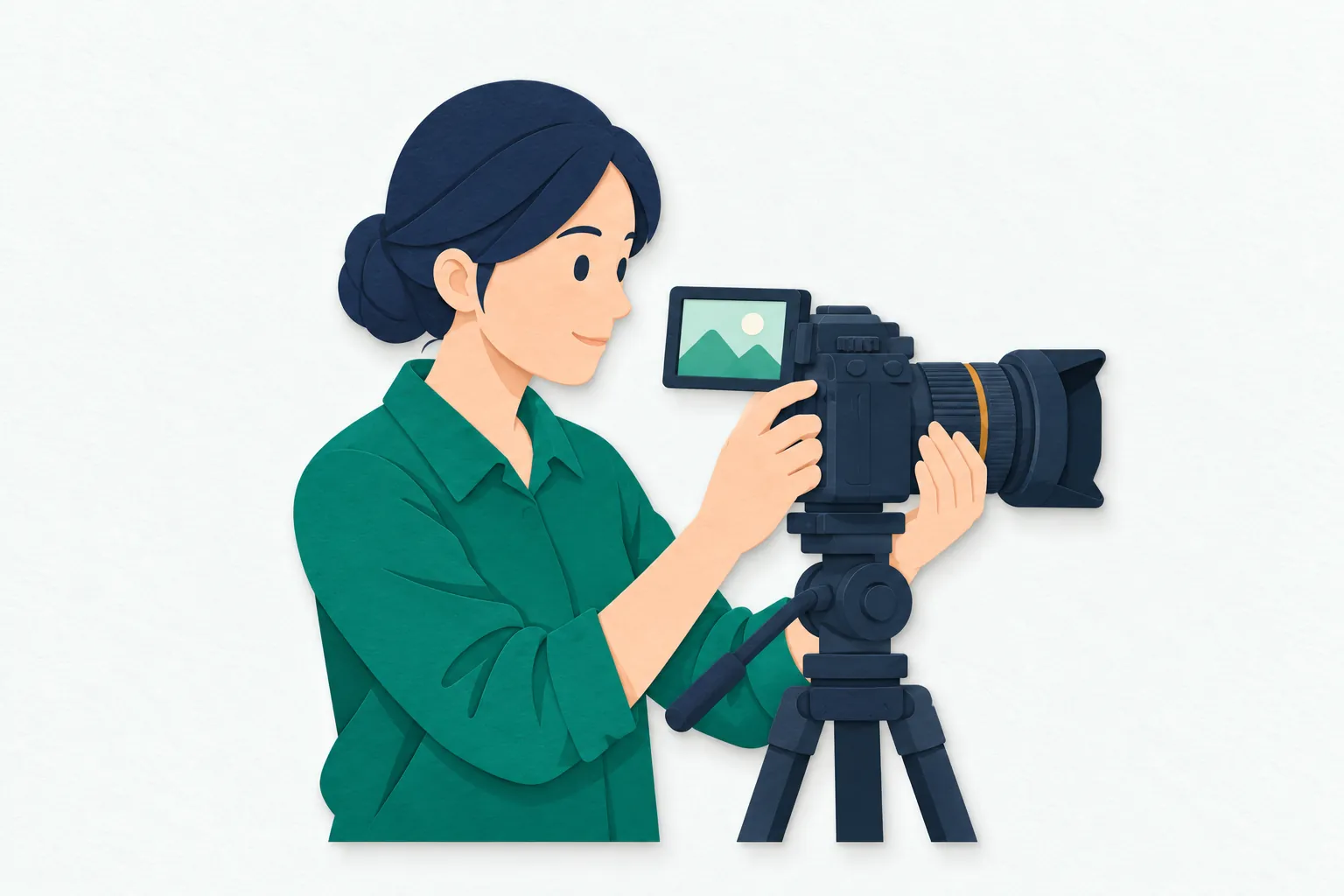 明るい撮影スペースで、女性の動画クリエイターが、三脚に載せたカメラを調整している。小型モニターを見ながら、撮影する場面の構図を確かめている。