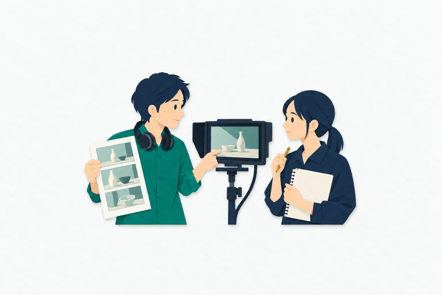 撮影現場で、男性の映像ディレクターがモニターと絵コンテを見比べ、女性のスタッフへ画面の構成を説明している。