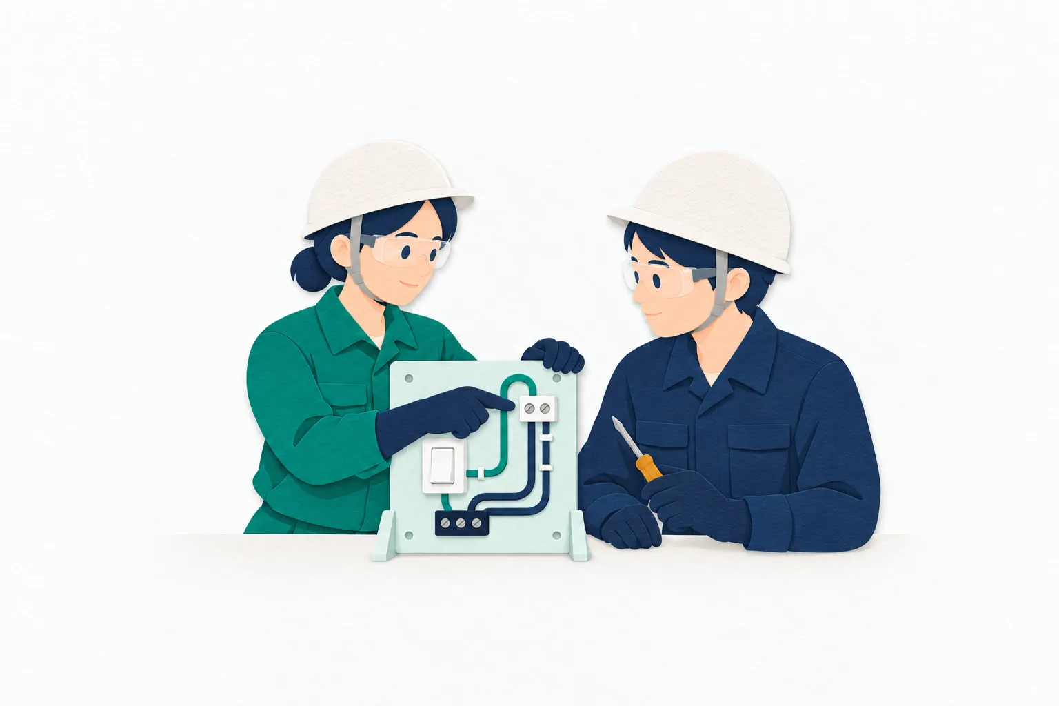 職業訓練の実習室で、女性の指導員が電源を切った配線実習盤を示し、受講者に端子の接続を説明している。