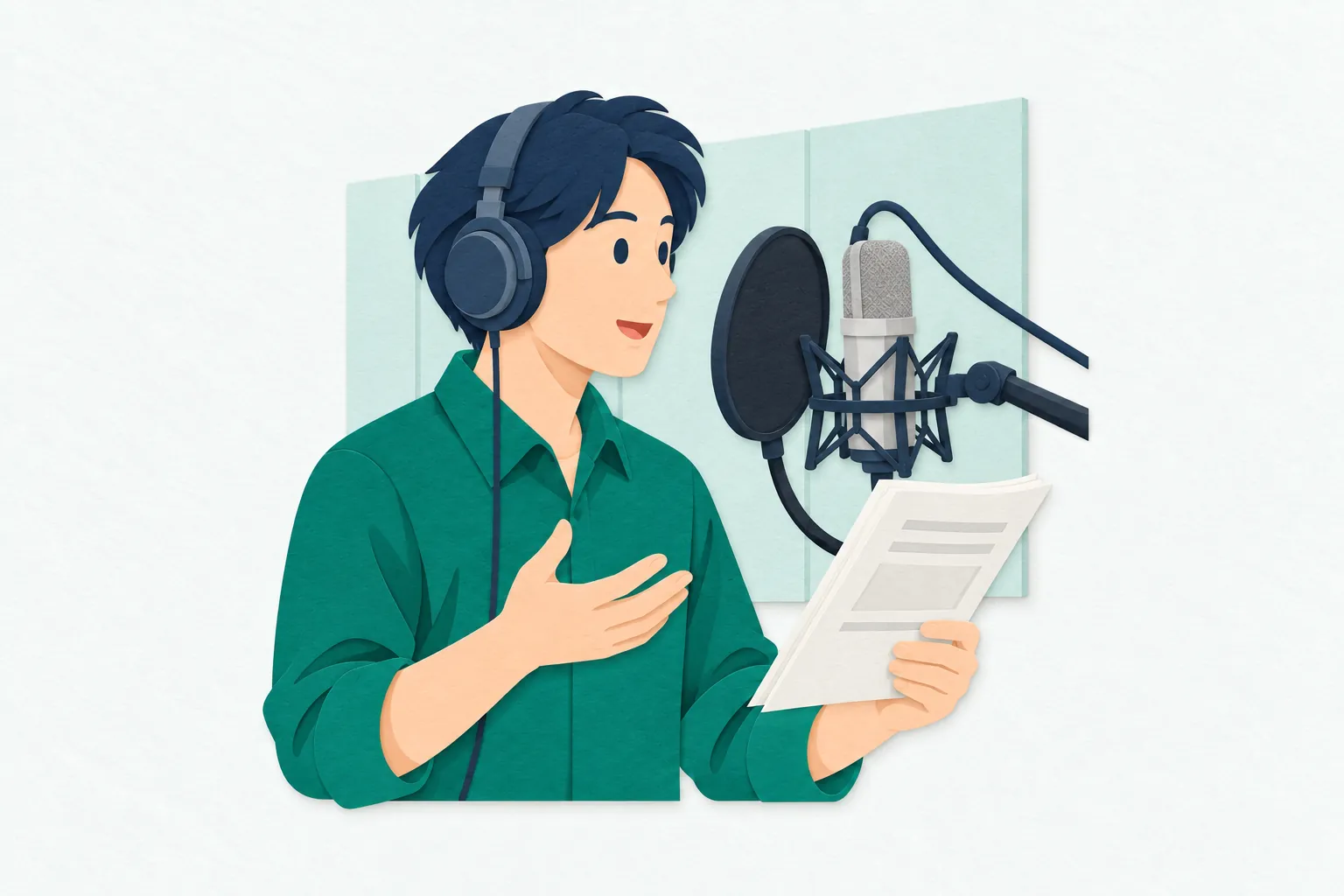録音ブースで、男性の声優が、ヘッドホンをつけ、マイクの前で台本を持って演じている。台本を見ながら、もう一方の手で小さく身振りを添えている。