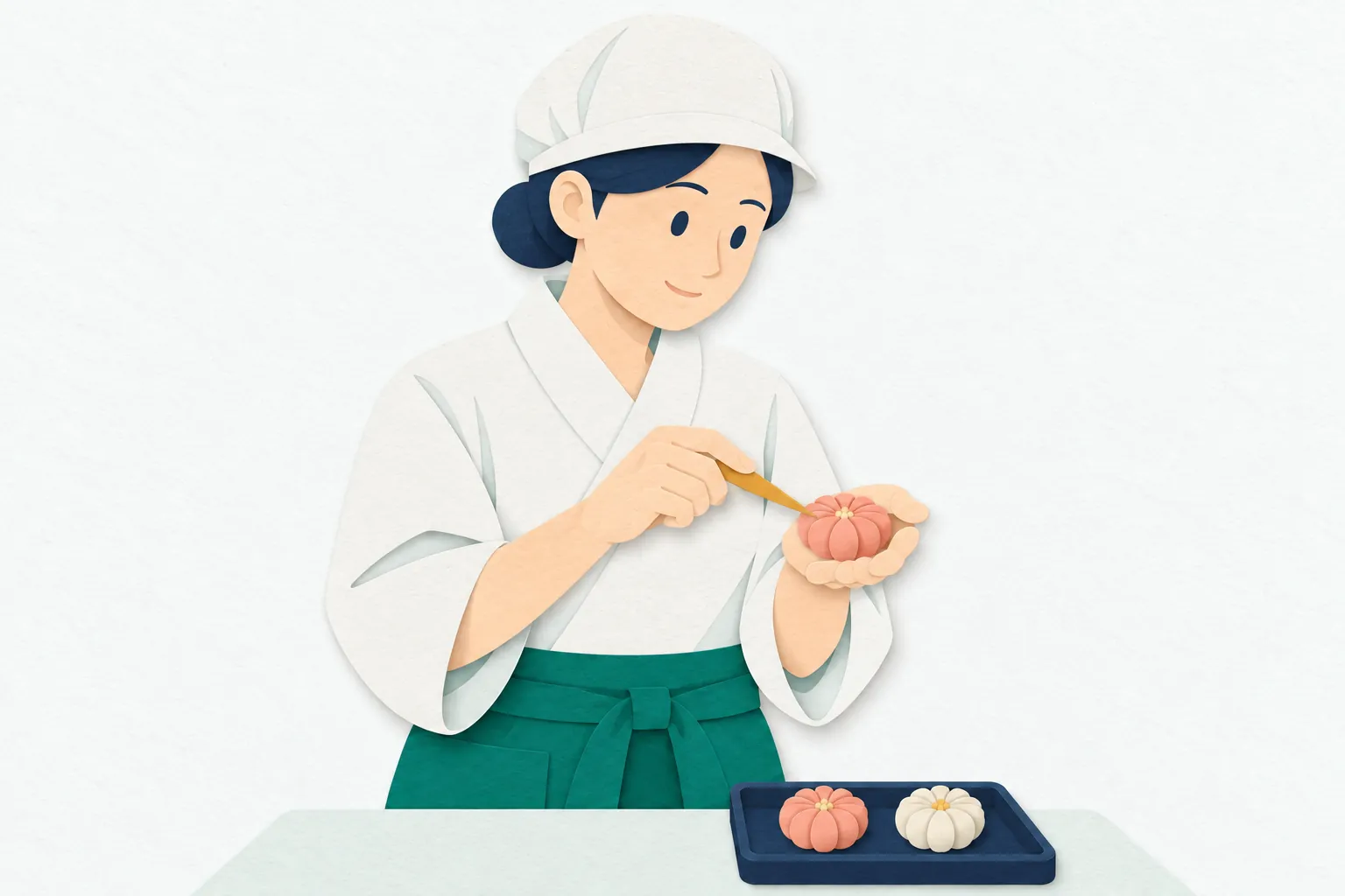 女性の和菓子職人が、手のひらに載せた練り切りに木べらを当て、花びらの形を丁寧に整えている。