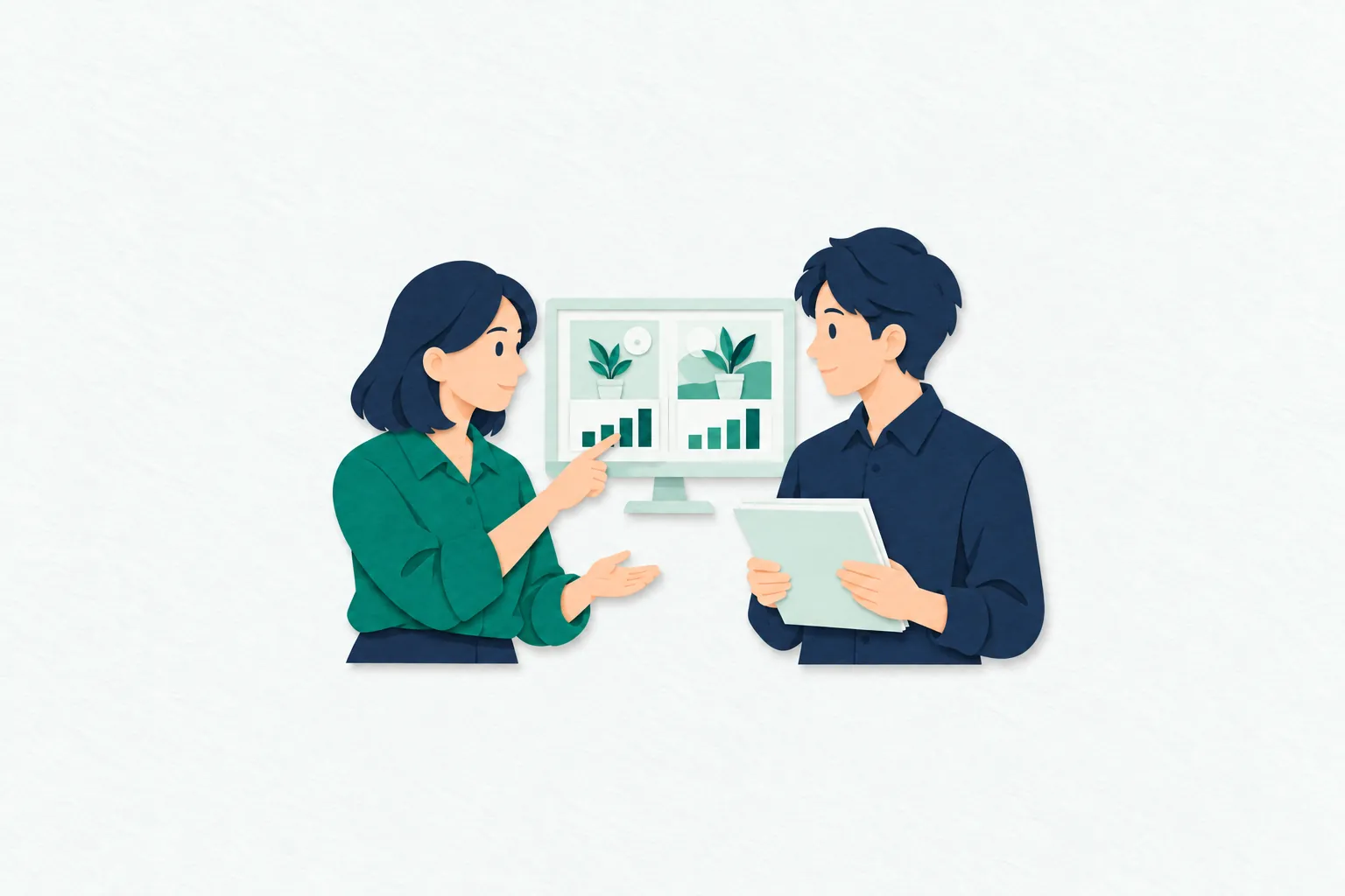 女性のWebマーケターが、画面に並ぶ広告案と反応を示すグラフを指し、資料を手にした同僚と改善案について話し合っている。