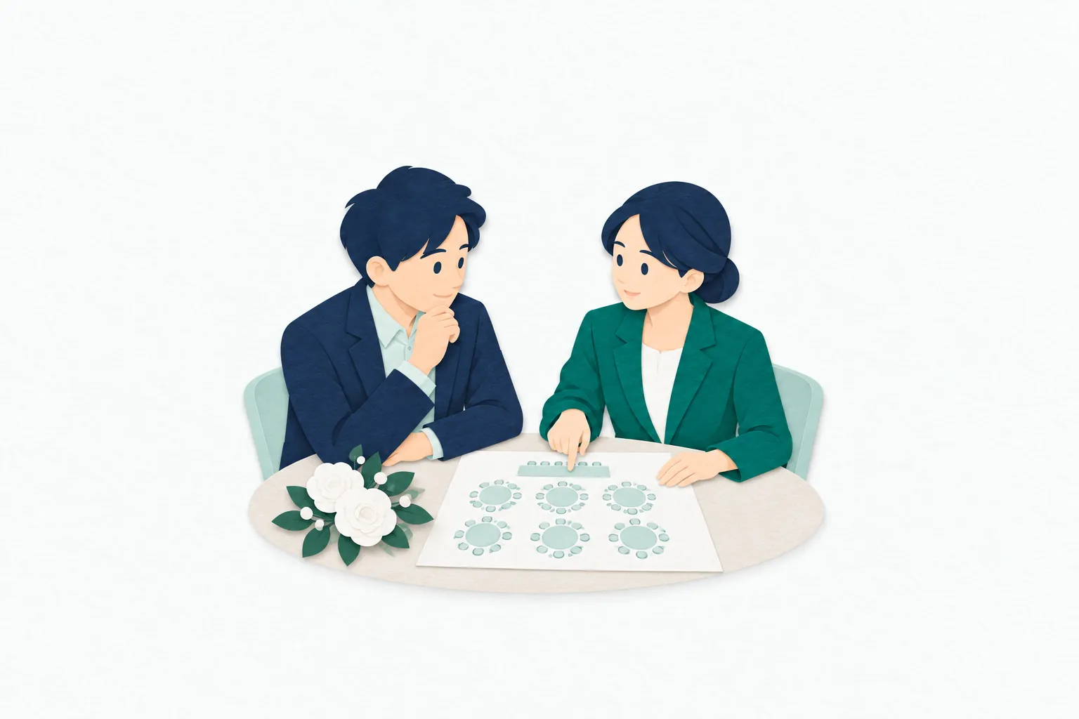 女性のブライダルプランナーが、会場の卓配置を示した資料を指し、相談相手と結婚式の進行や会場づくりについて打ち合わせている。