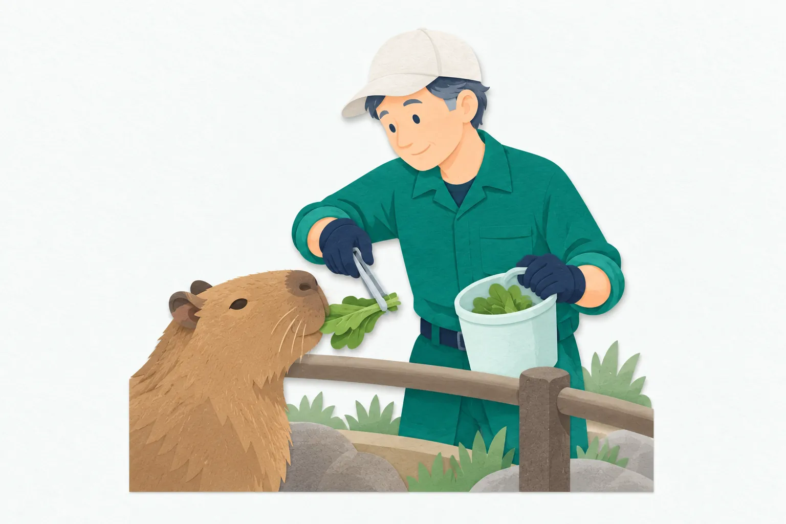 動物園の飼育スペースで、男性の飼育員が、柵越しにカピバラへ葉野菜を与えている。作業服と手袋を身につけ、動物の食べる様子を見守っている。